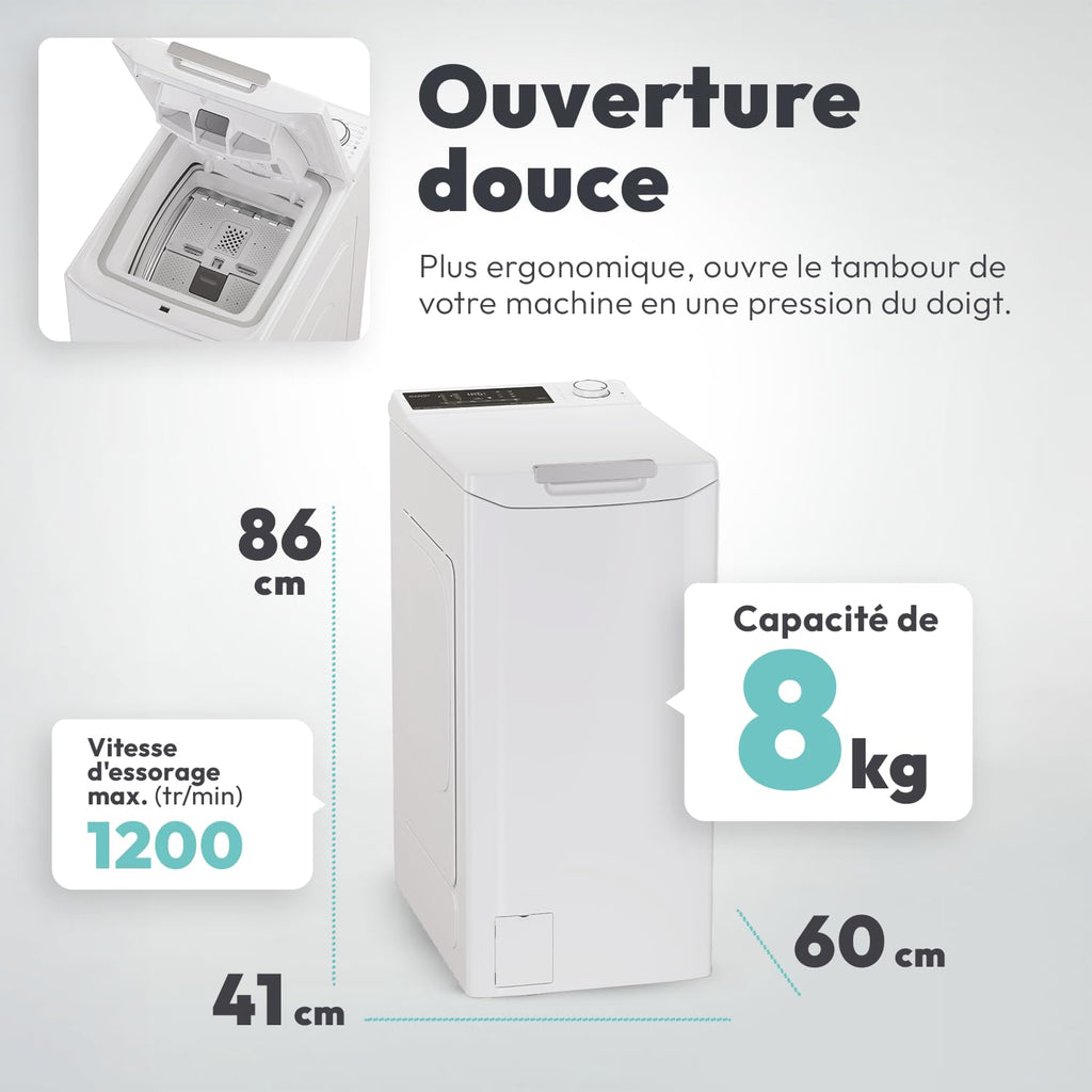 ElecCuisine Lave-linge Top Chargement par le dessus 8 kg - 1200 trs/min - Classe B - Connecté Wi-Fi - Blanc