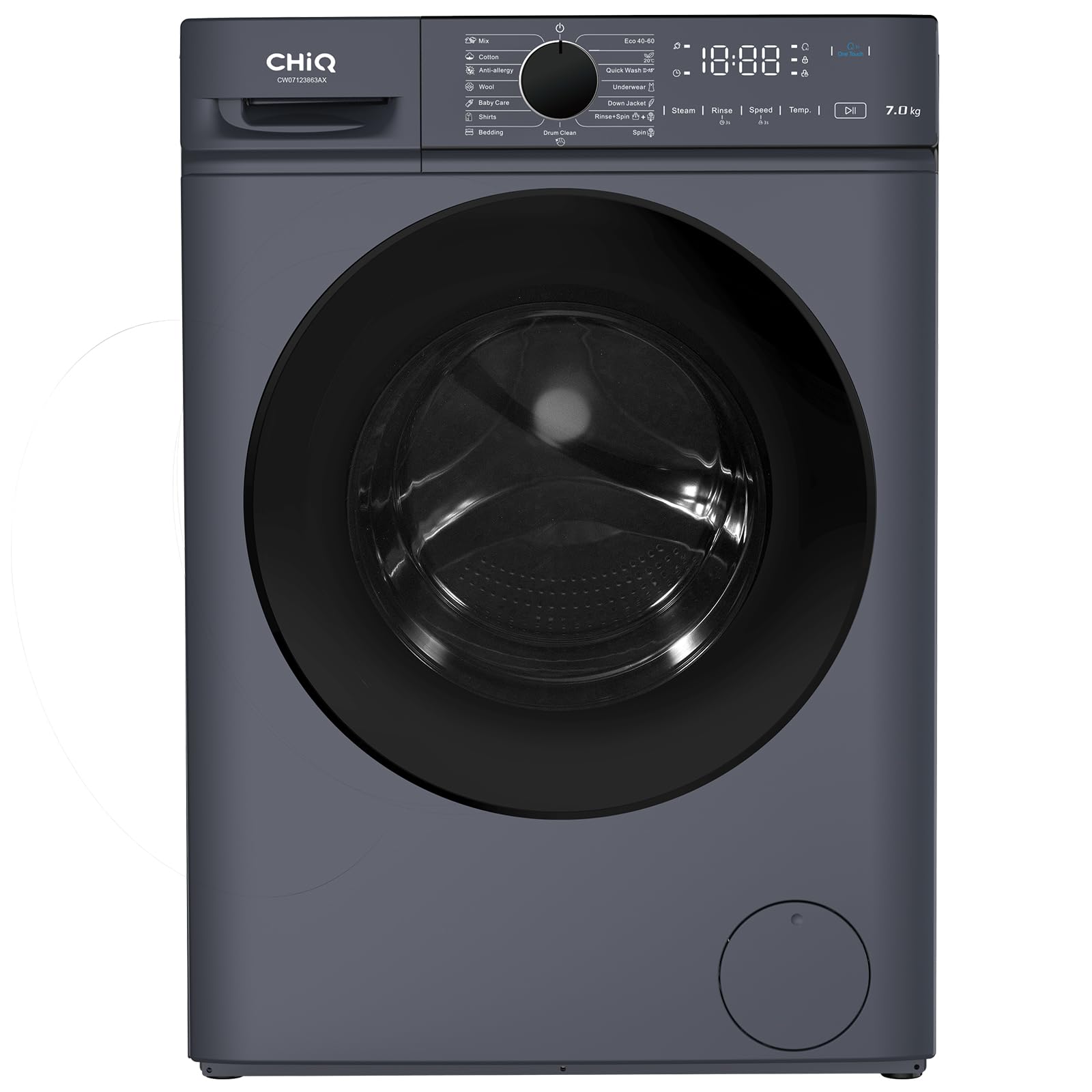 ElecCuisine Lave linge hublot - 7kg, Classe énergétique A, Moteur BLDC 1200 RPM, Lavage vapeur & rapide, 15 programmes, Design compact (60x46.5x84cm) - Gris