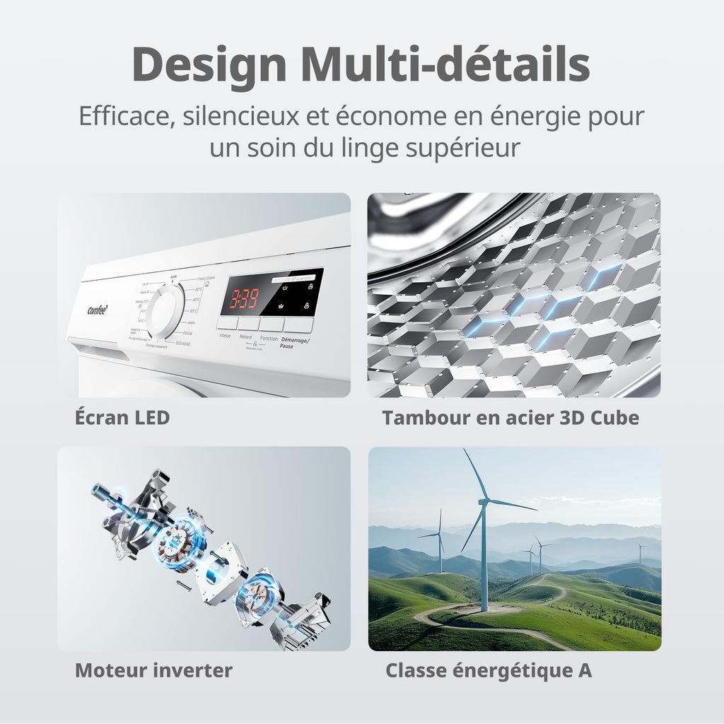 ElecCuisine Lave-linge frontal 8KG, Classe énergétique A, Moteur BLDC 1400 tr-min, 15 Programmes, Prélavage, Blanc [Classe énergétique A]