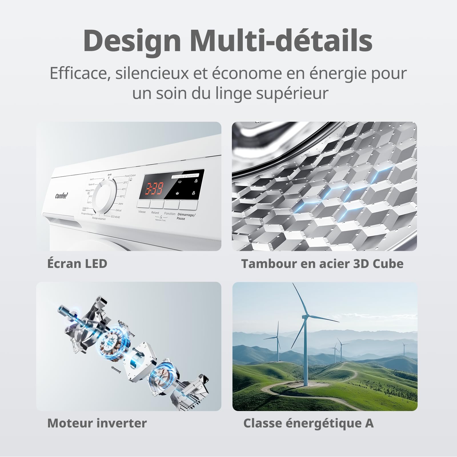 ElecCuisine Lave-linge frontal 8KG, Classe énergétique A, Moteur BLDC 1400 tr-min, 15 Programmes, Prélavage, Blanc [Classe énergétique A]