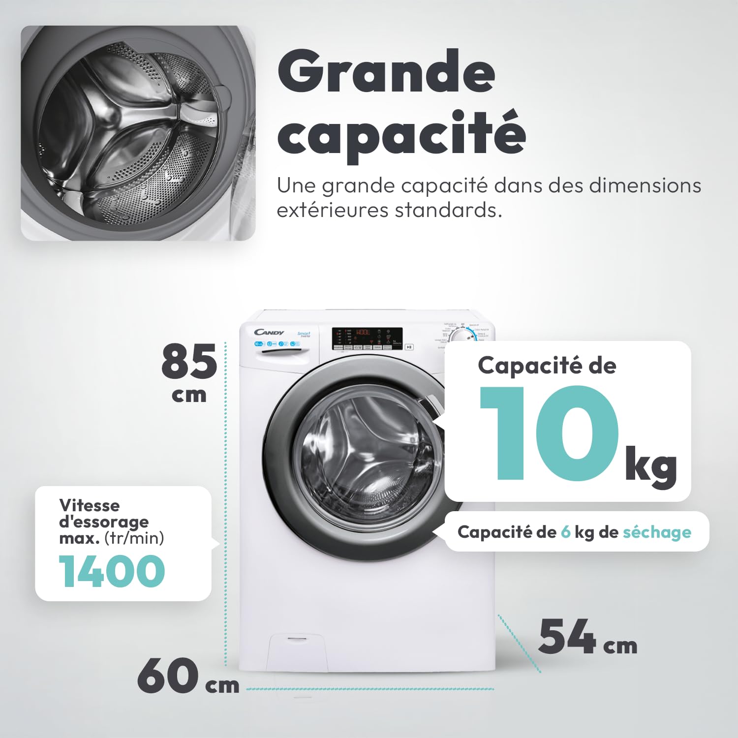 ElecCuisine Lave-linge Séchant Frontal 10 kg / 6 kg - 1400 trs/min - Classe A - Fonction Vapeur - Blanc