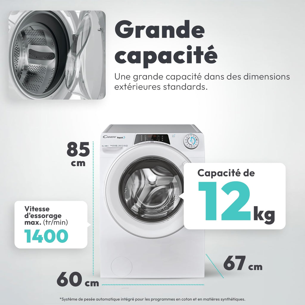 ElecCuisine Lave-Linge Hublot - Machine à Laver 12kg/1400 trs/min - Classe Énergétique A - 15 Programmes - WiFI+Bluetooth, Ecran Digital, Mix Power System - Blanc - 85 x 60 x 67 cm