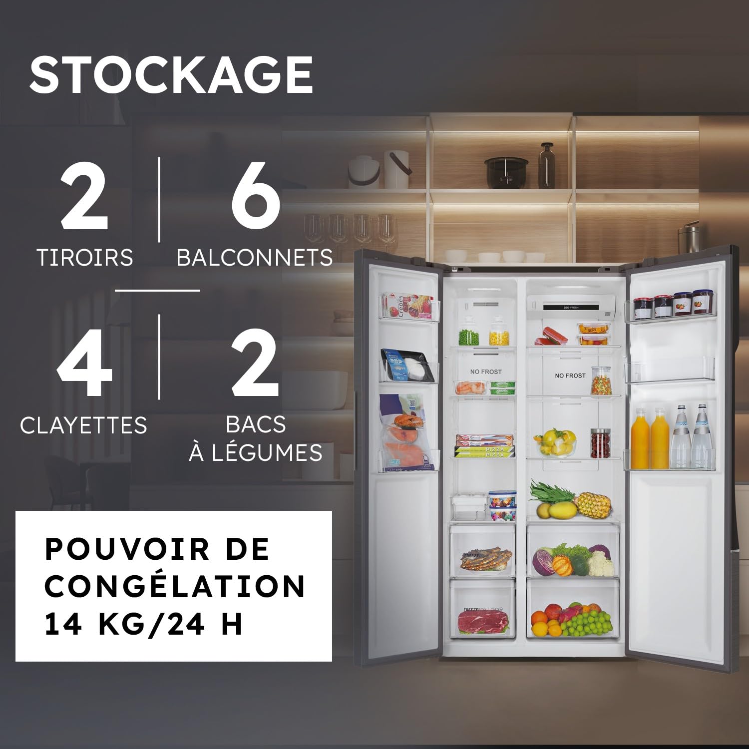 ElecCuisine Réfrigérateur Américain - 2 Portes - Classe Énergétique E - Technologie Total No Frost Multi Air Flow - Inox - 337L + 191L (Congélateur) - 177,5 x 90,8 x 64,7 cm
