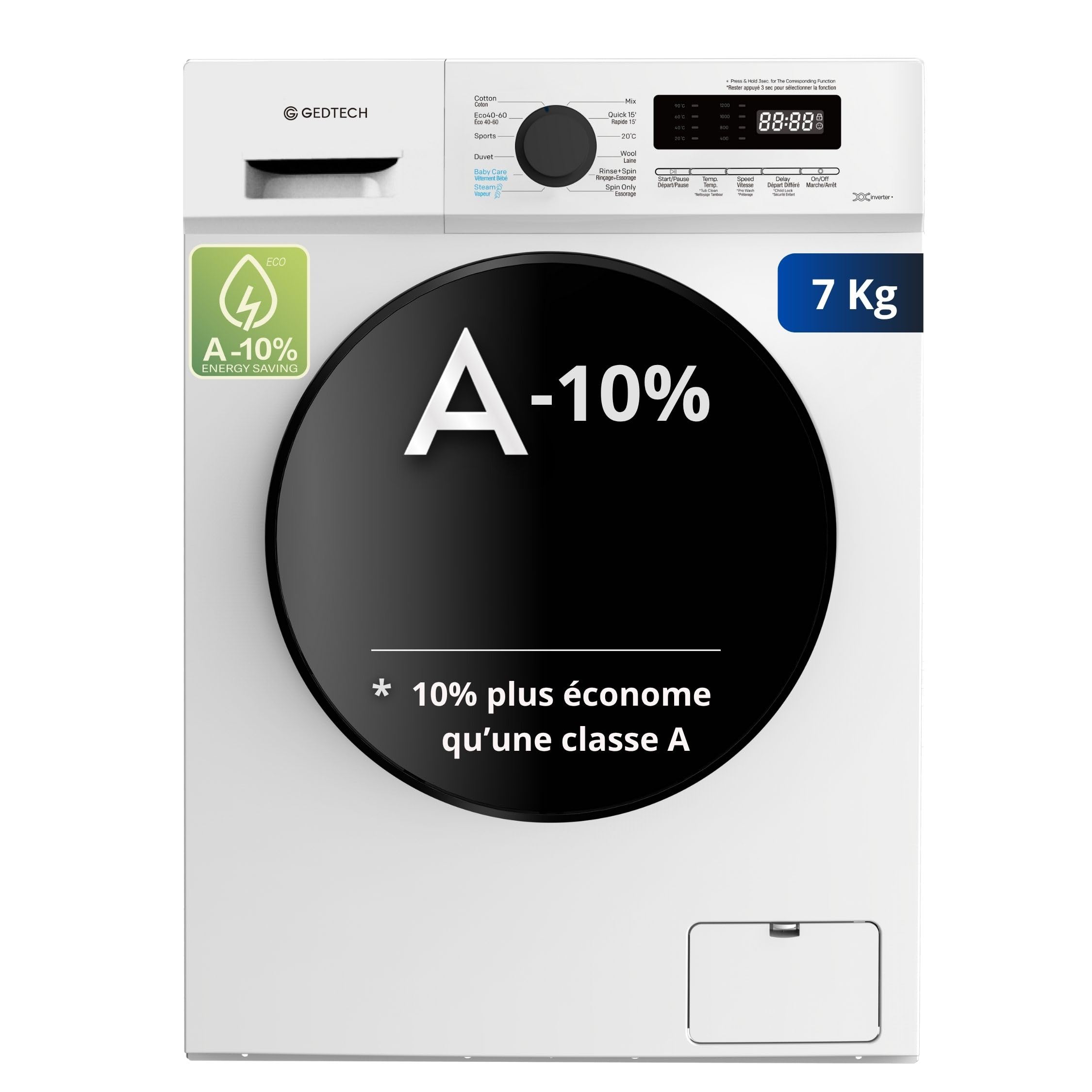 ElecCuisine Lave-linge frontal - 7 Kgs - 1200 tr/mn - 16 programmes - Eco - Intensif - Rapide – Très Faible conso