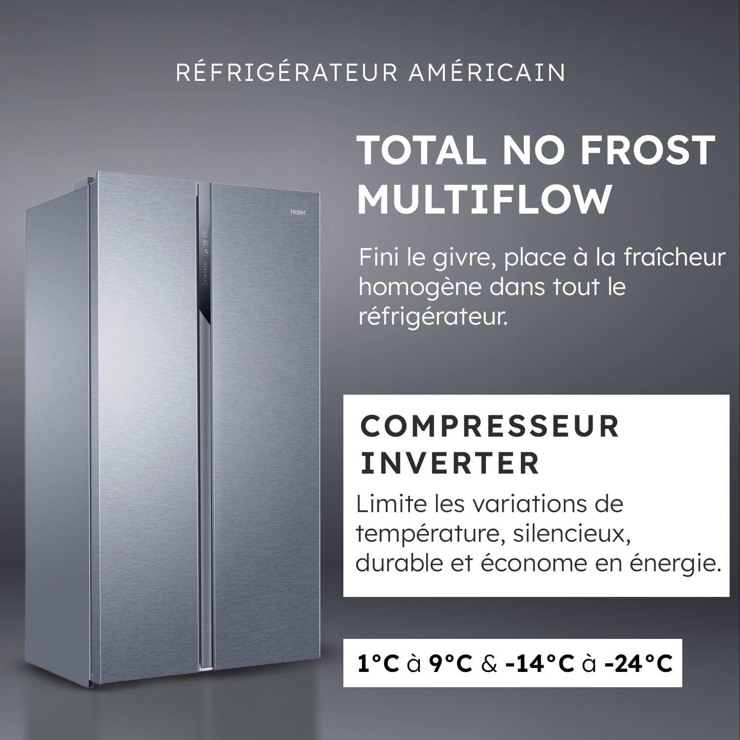 ElecCuisine Réfrigérateur Américain - 2 Portes - Classe Énergétique E - Technologie Total No Frost Multi Air Flow - Inox - 337L + 191L (Congélateur) - 177,5 x 90,8 x 64,7 cm