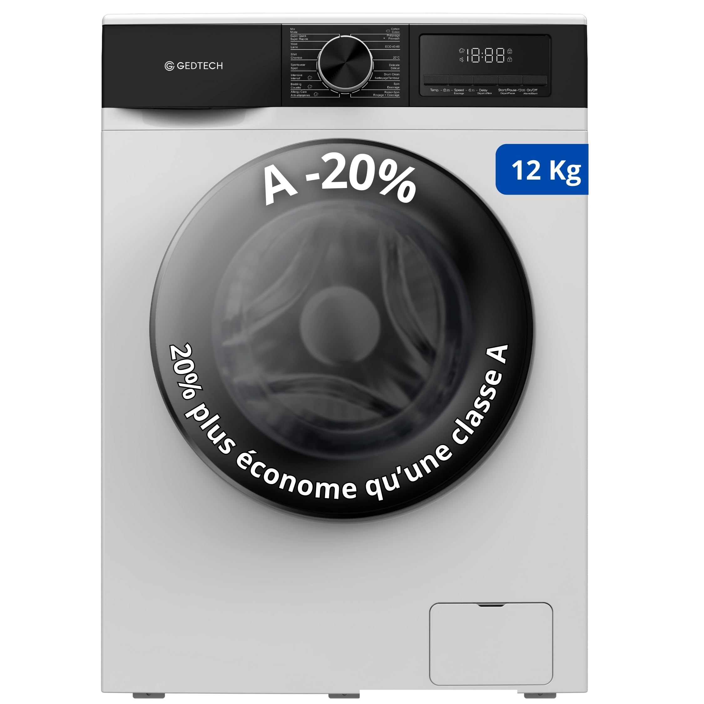 ElecCuisine Lave-linge frontal - 12 Kg - 1400 tr/mn - 16 programmes - Eco - Intensif - Rapide – Très Faible conso - Classe A-20% (Blanc, 12 Kg)