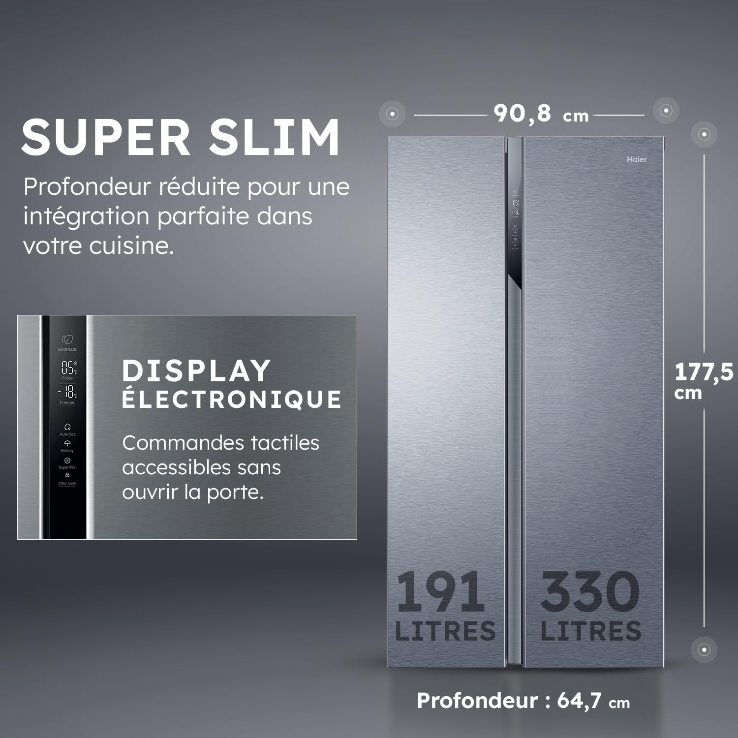 ElecCuisine Réfrigérateur Américain - 2 Portes - Classe Énergétique E - Technologie Total No Frost Multi Air Flow - Inox - 337L + 191L (Congélateur) - 177,5 x 90,8 x 64,7 cm